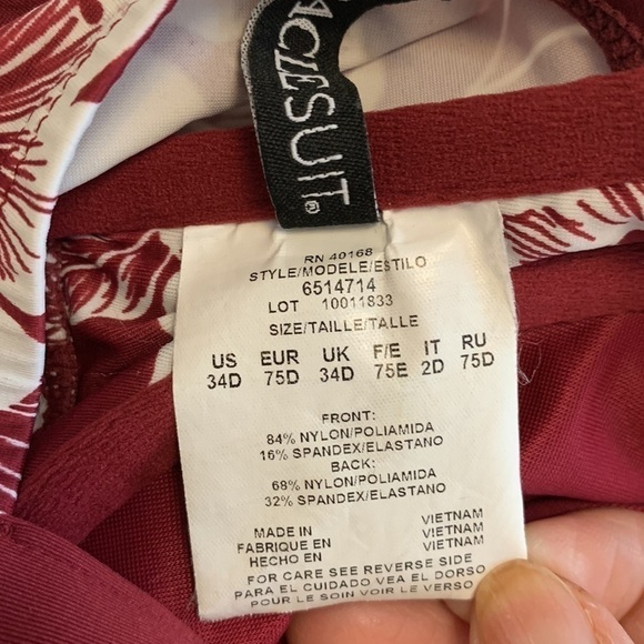 MIRACLESUIT Hibiskiss bathing suit bra TOP burgundy white Pompei bikini top 34D - Picture 6 of 15